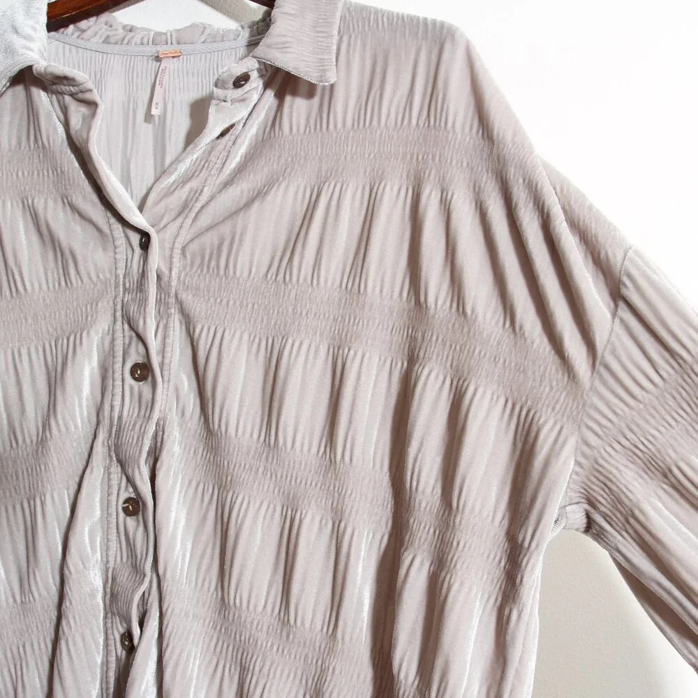 Free People My Best Top Winter Fog Grey Velvet Button Down Tunic Size Medium